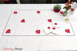 Khăn trải bàn chữ nhật Noel (250x150cm) gồm 12 khăn ăn - thêu hoa đỏ